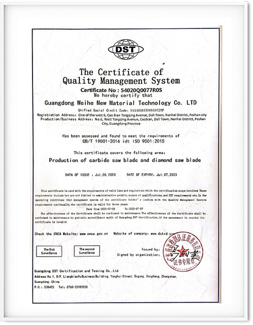 Certificado del Sistema de gestión de calidad para Saw Blade Production10