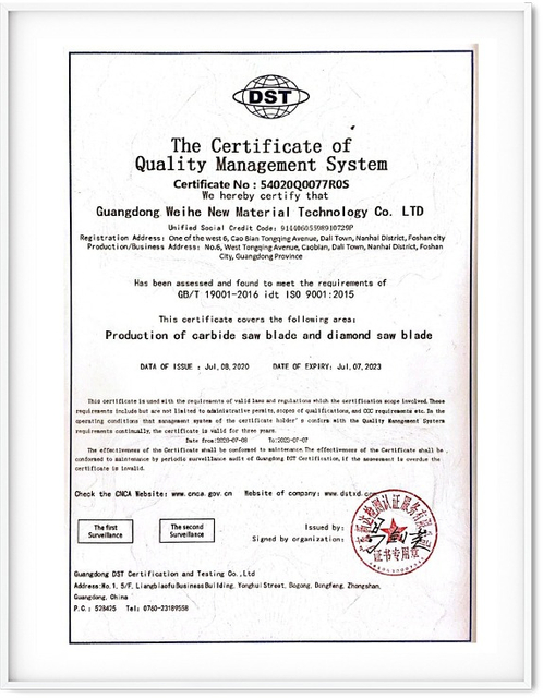 Certificado del sistema de gestión de calidad para la producción de cuchillas de sierra 9